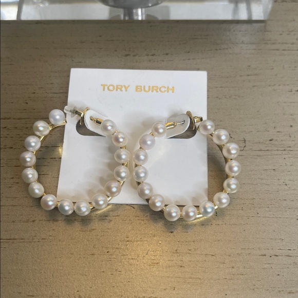 Tory Burch Gold Hoop Earrings with Pearls - Picture 2 of 3